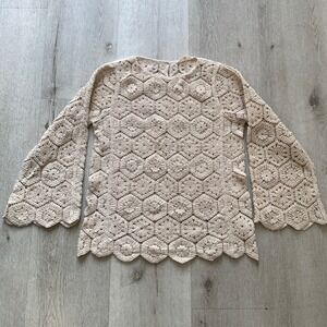 Solitaire Cream Crochet Tunic Top Size S Boho Bell Sleeve Open Knit boho y2K